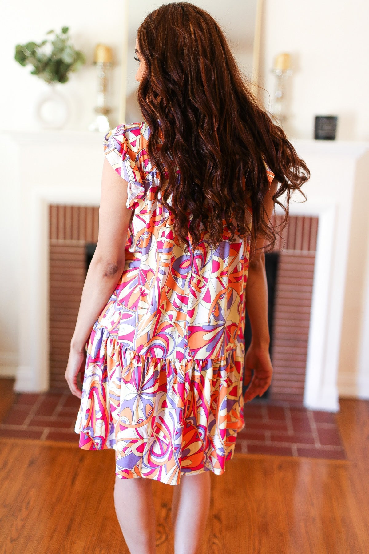 Multicolor Geometric Midi Flutter Sleeve Dress Haptics