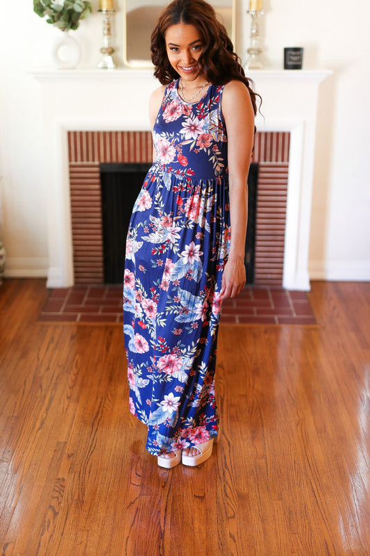 Navy Floral Fit and Flare Sleeveless Maxi Dress (Copy)