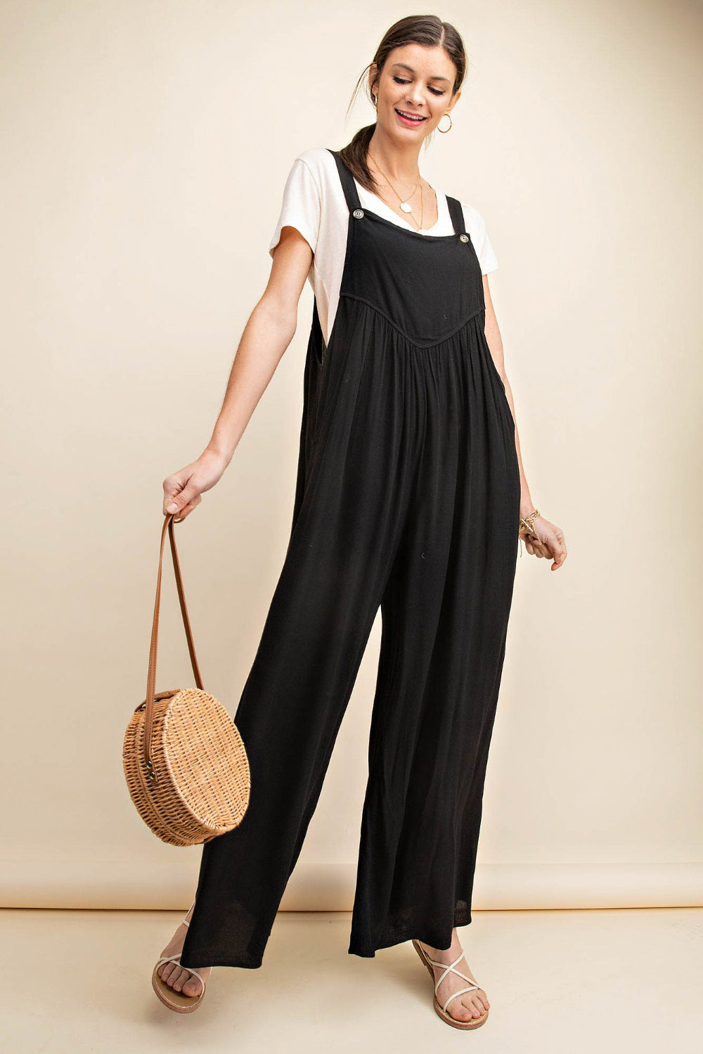 Kori America Full Size Sleeveless Ruched Wide Leg Overalls - Shop All Around Divas