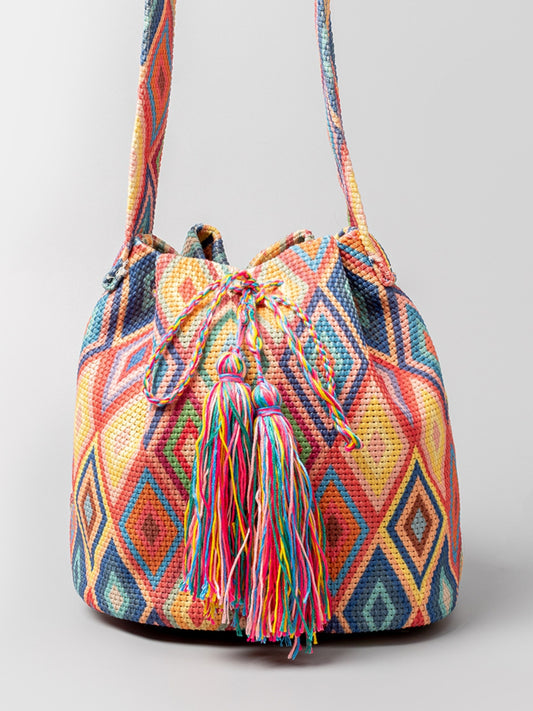 Drawstring Tassel Geometric Shoulder Bag - 5 Colors