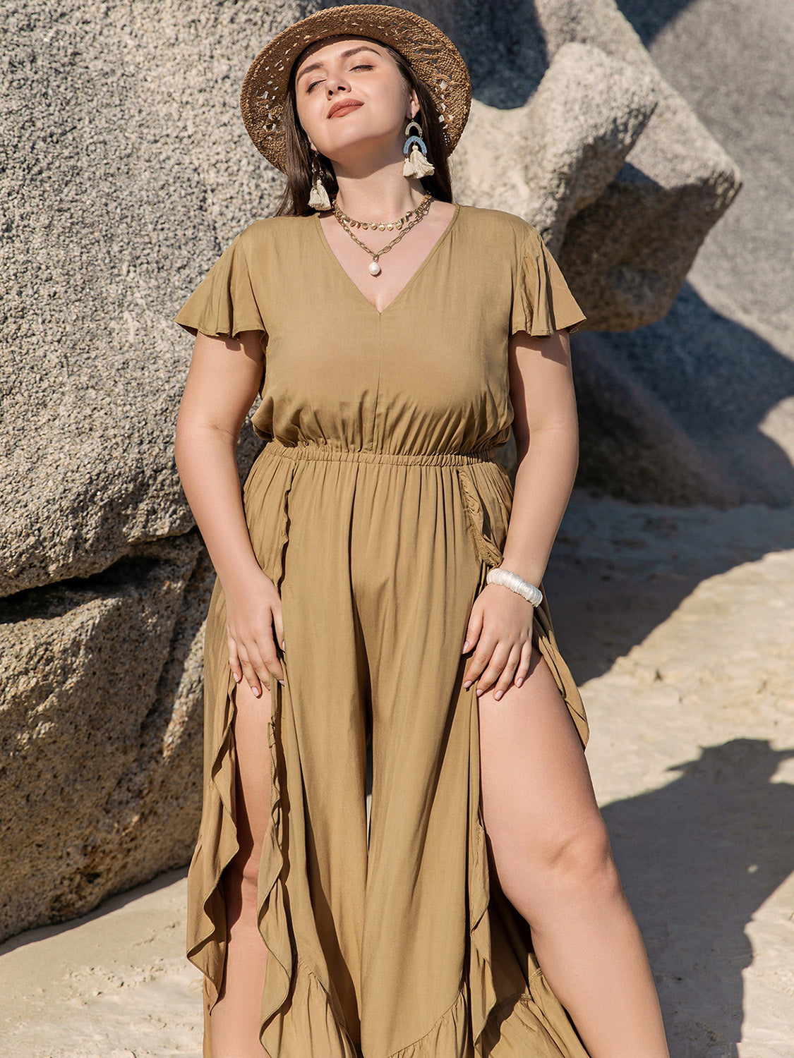 Plus Size Slit Ruffled V-Neck Jumpsuit - Shop All Around Divas