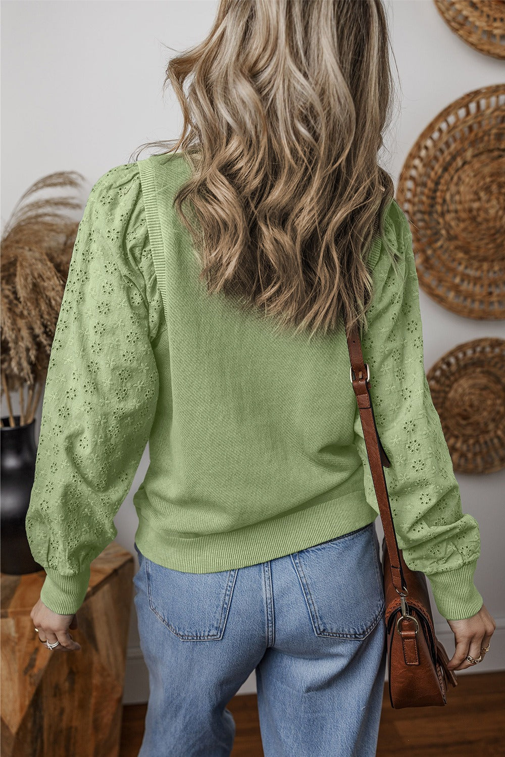 Eyelet Round Neck Long Sleeve Sweatshirt - 5 colors Trendsi