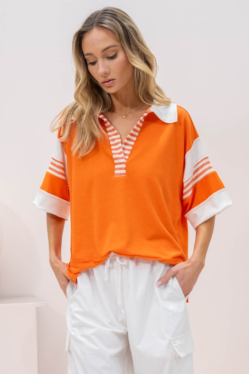 Hailey & Co Full Size Contrast Stripe Polo Shirt - Shop All Around Divas