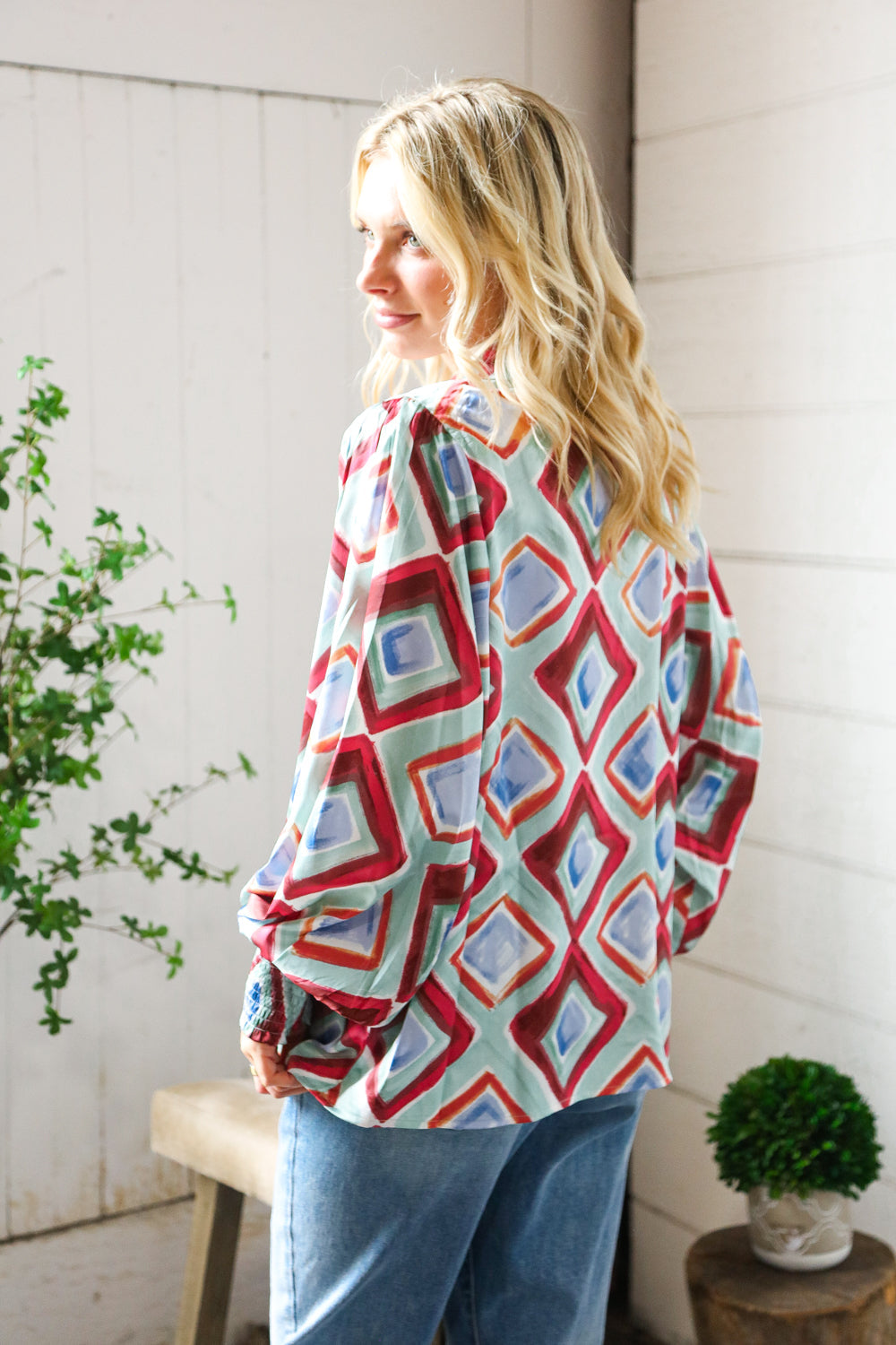 Mint To Be V Neck Bubble Sleeve Silky Collared Blouse