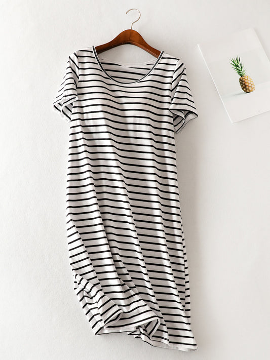Striped Round Neck Short Sleeve Dress - 4 Colors