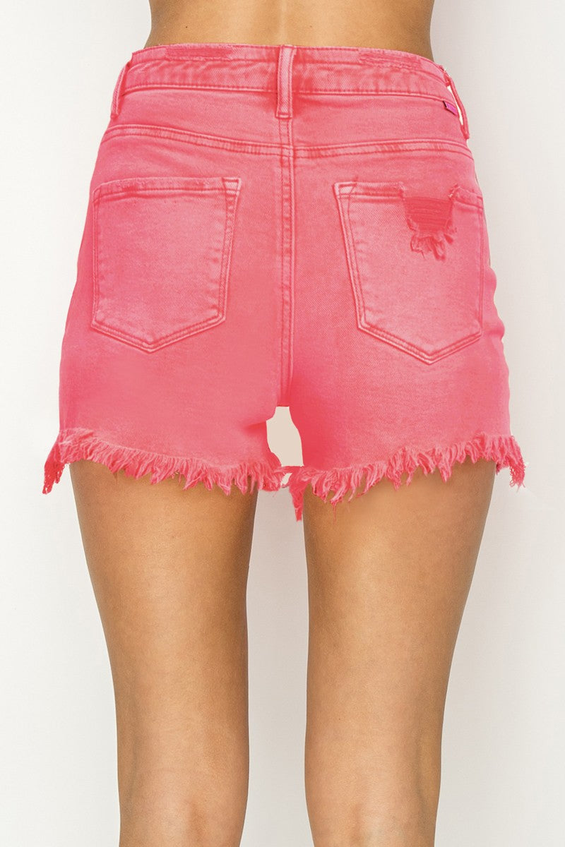 Riverlee High Rise Distressed Risen Shorts - 2 Colors - Coral & Hot Pink - Shop All Around Divas
