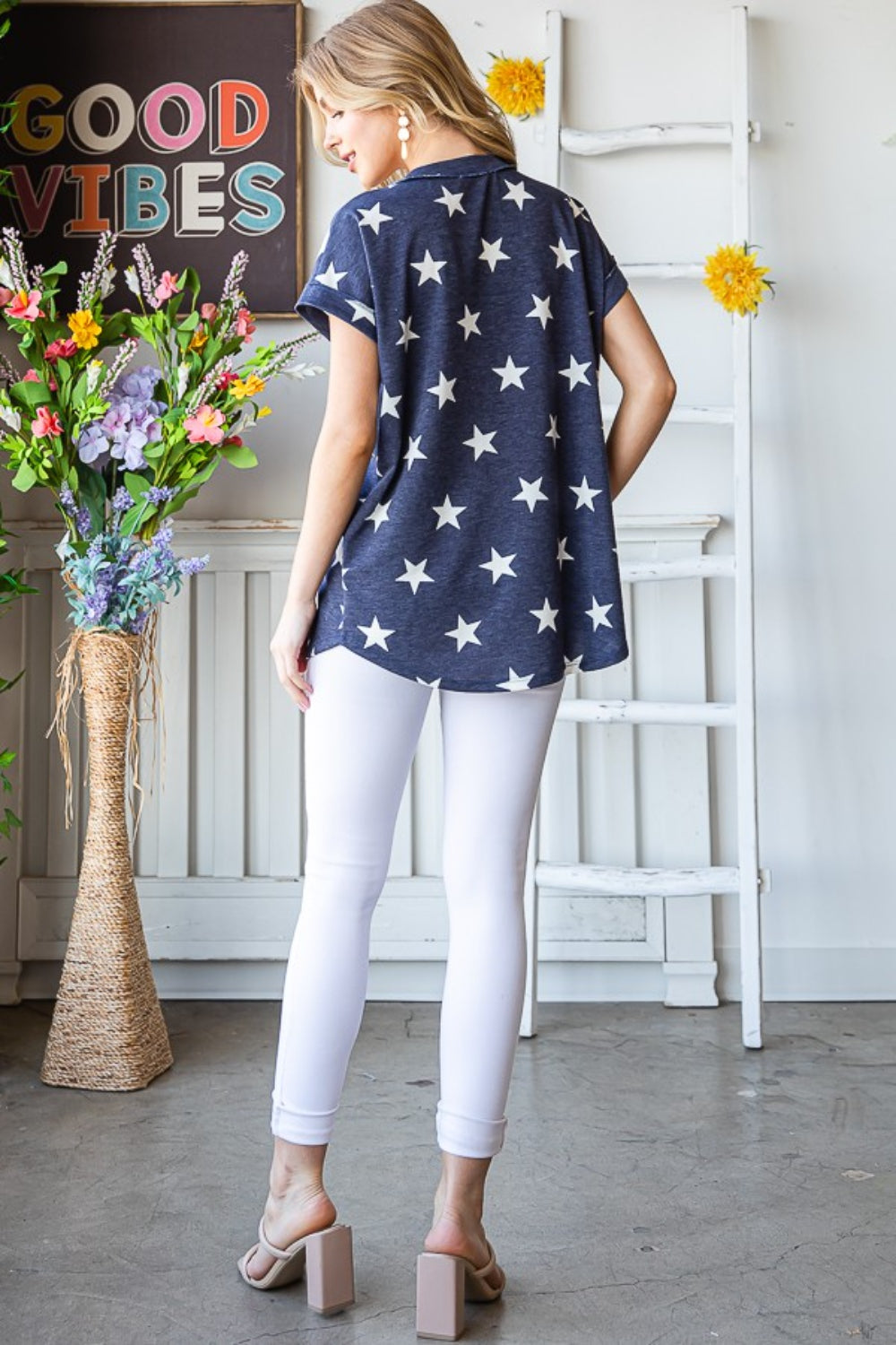 Heimish Full Size Star Print V-Neck Short Sleeve T-Shirt - Shop All Around Divas