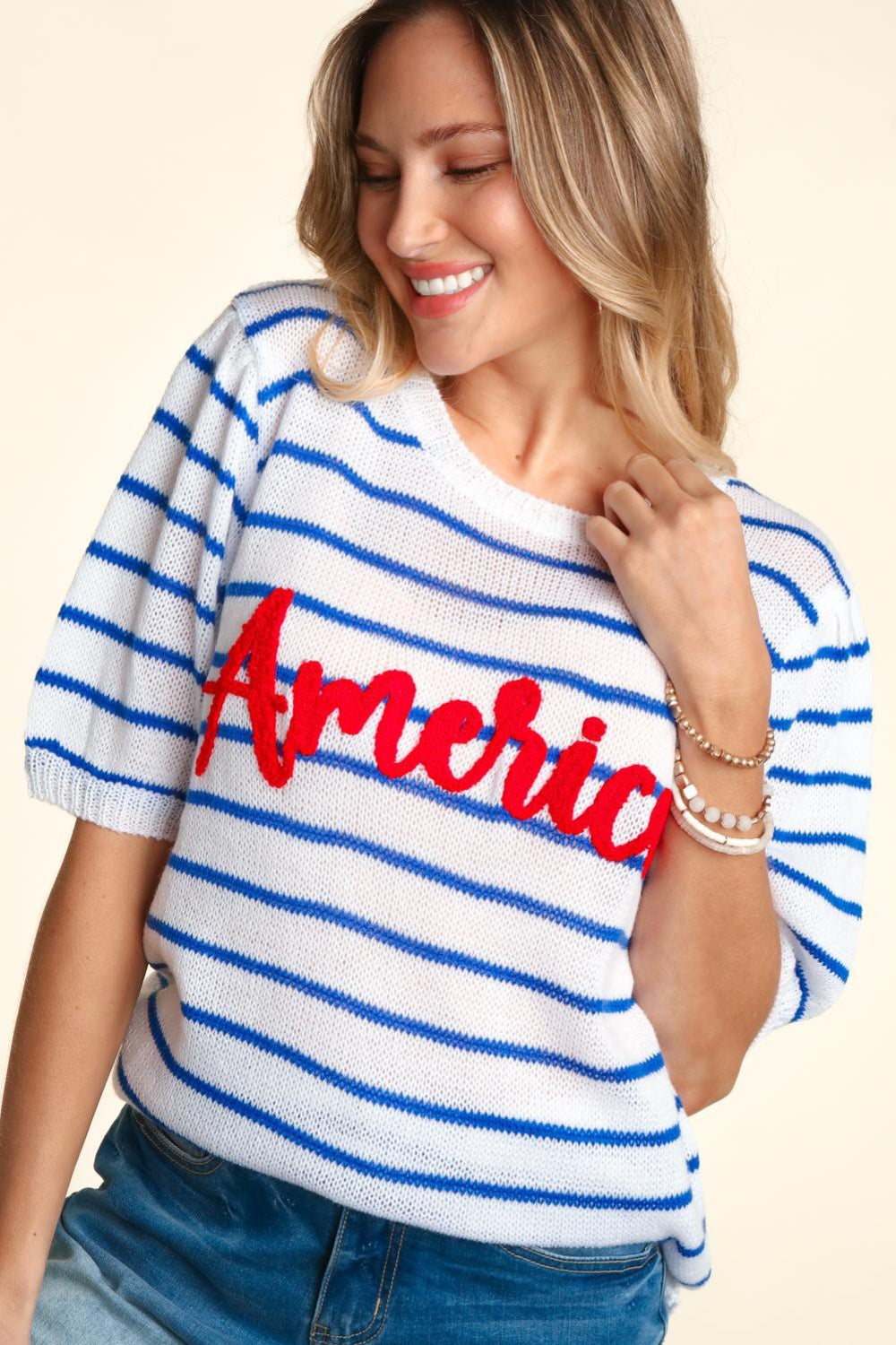 Haptics Letter Embroidery Striped Knit Top - Shop All Around Divas
