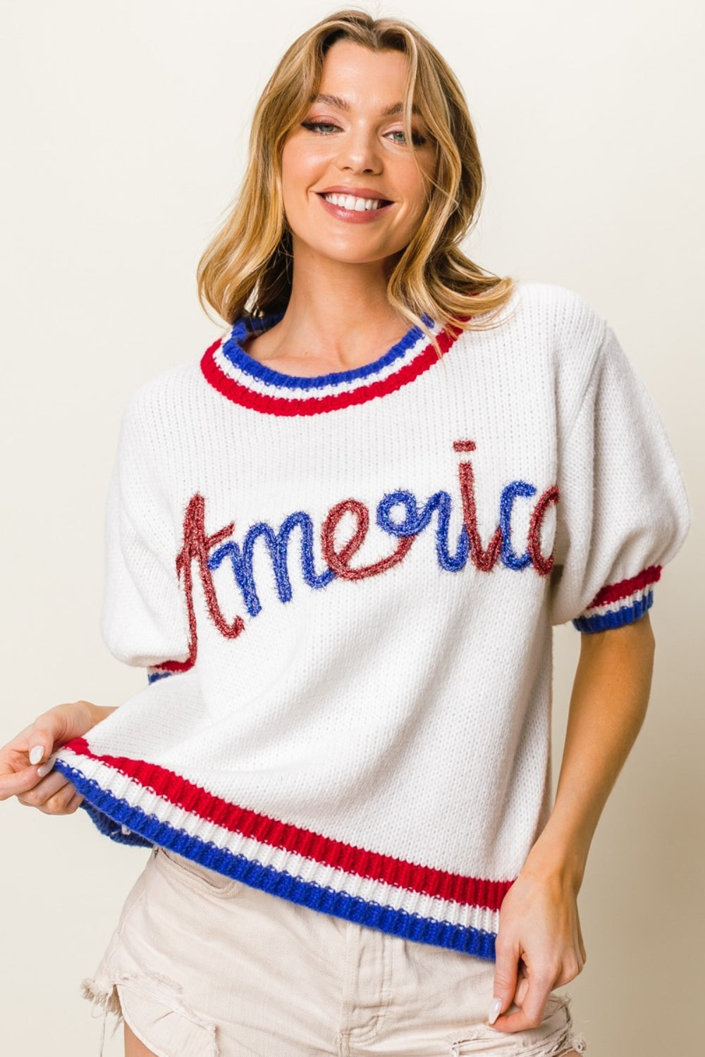 BiBi Metallic America Letter Short Sleeve Sweater - Shop All Around Divas