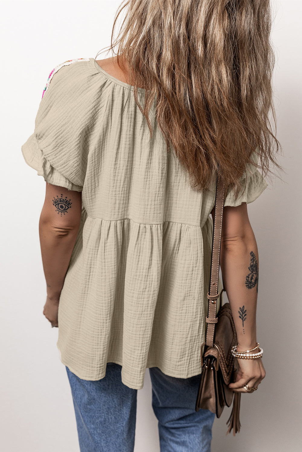 Embroidered Tie Neck Short Sleeve Blouse - Shop All Around Divas