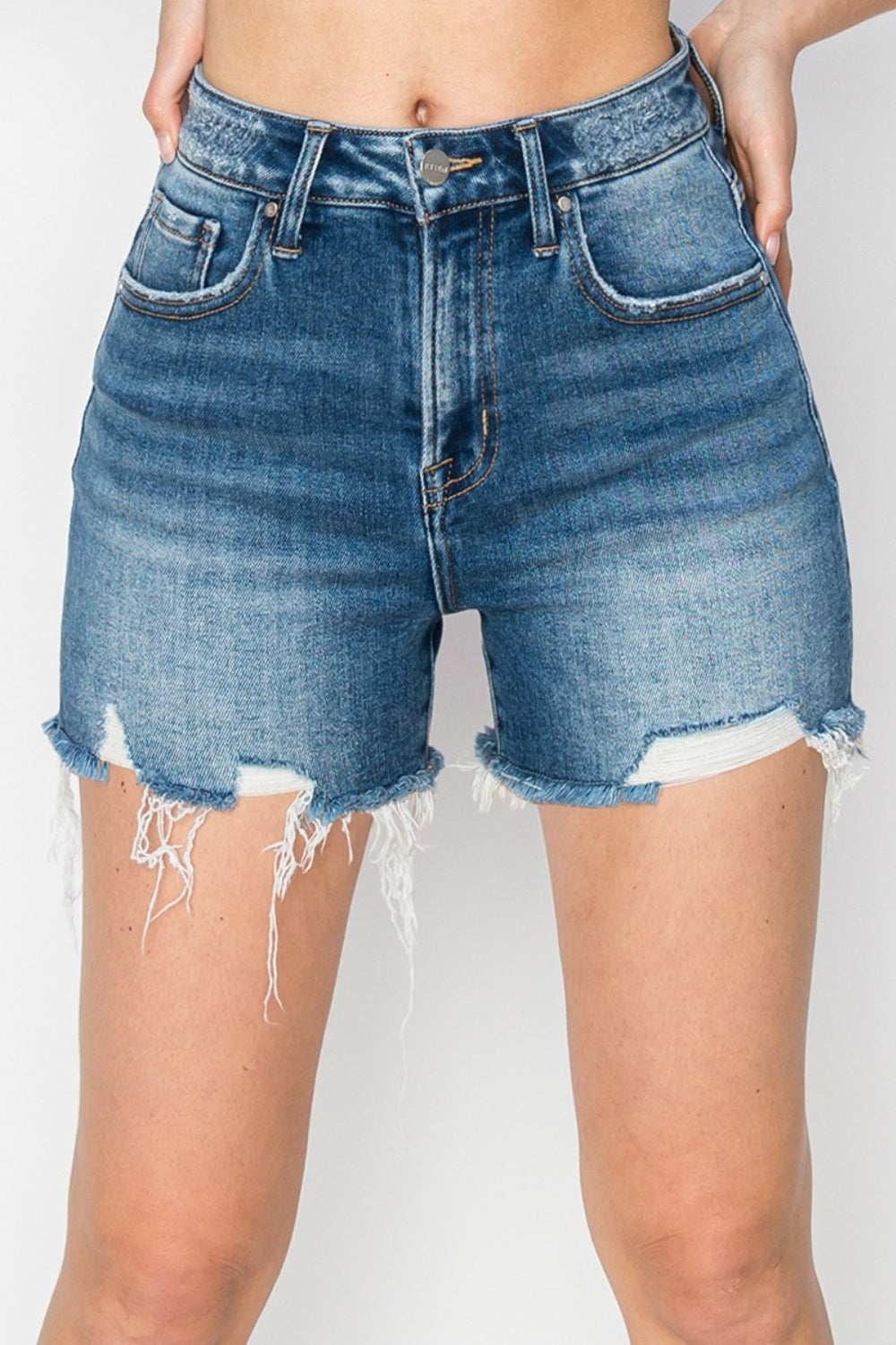 RISEN High Rise Raw Hem Distressed Denim Shorts - Shop All Around Divas