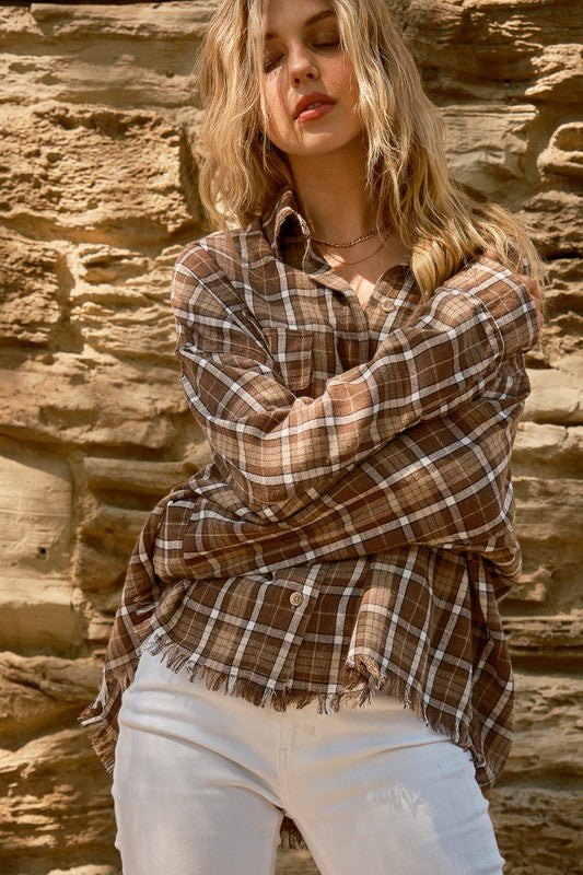 Perfect Find Cinnamin Plaid Cotton-Blend Fray Hem Shacket