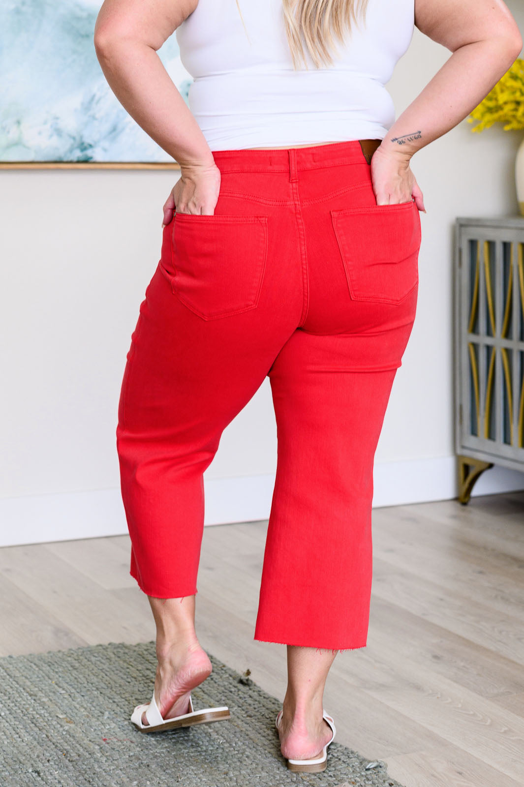 Lisa High Rise Control Top Wide Leg Crop Jeans in Red - JUDY BLUE