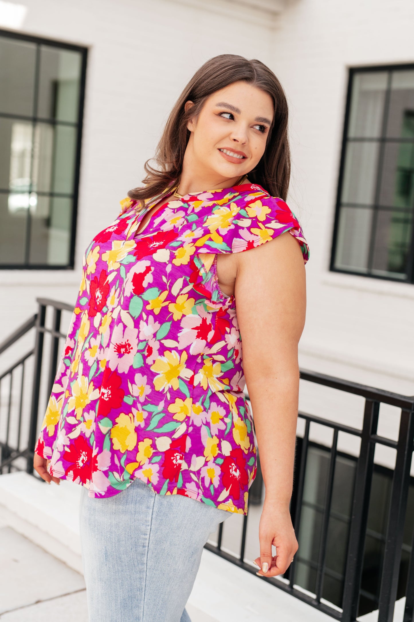 Lizzy Flutter Sleeve Top in Magenta and Yellow Floral - Shop All Around Divas