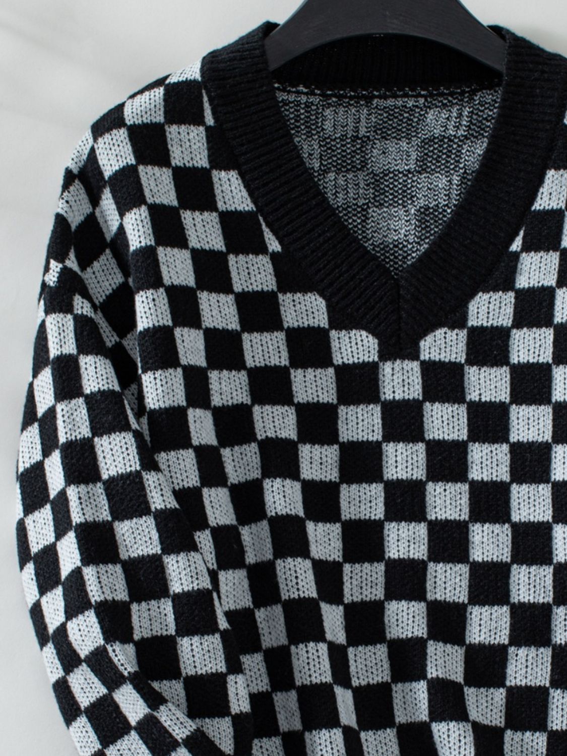 Checkered V-Neck Dropped Shoulder Sweater - 3 Colors Trendsi