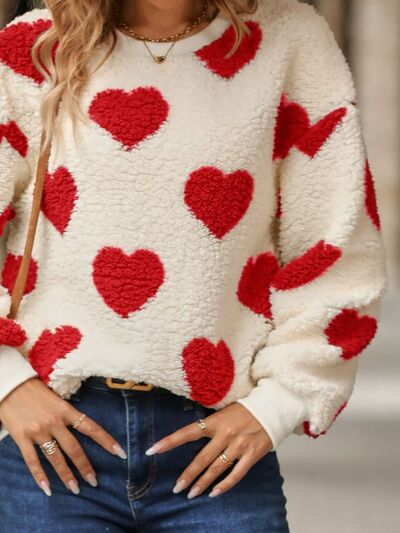 Fuzzy Heart Dropped Shoulder Sweatshirt - 3 Colors - Shop All Around Divas