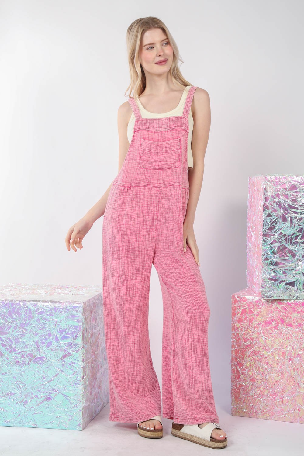 VERY J Texture Washed Wide Leg Overalls - Shop All Around Divas