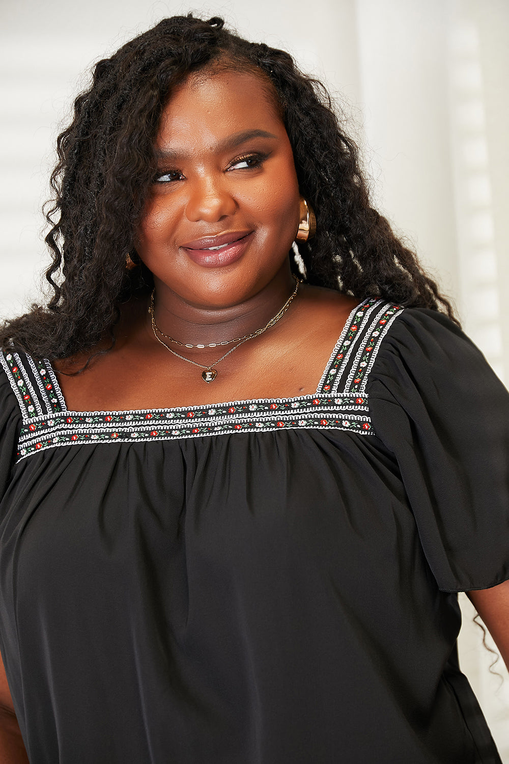 Double Take Contrast Square Neck Puff Sleeve Blouse - Shop All Around Divas