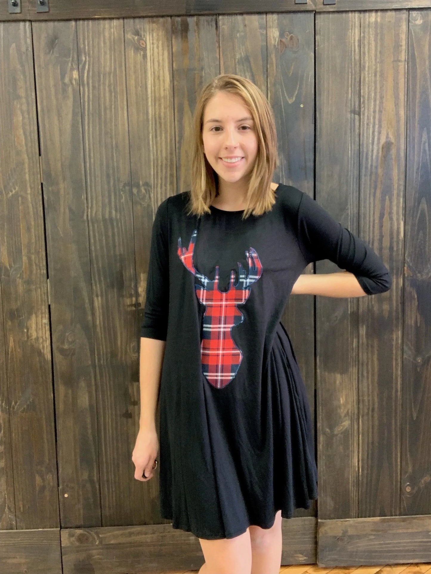 Black Dress with Plaid Deer
