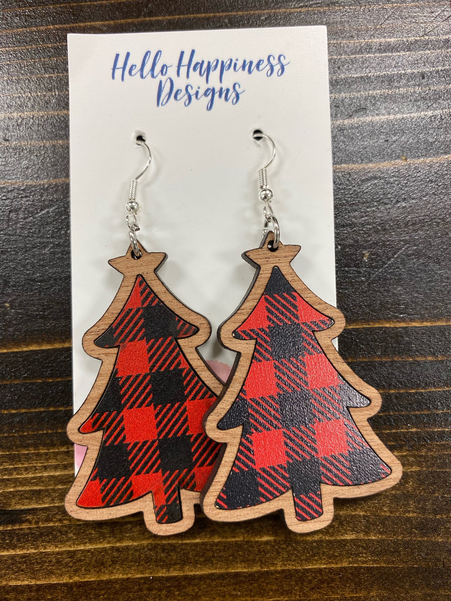 Red Buffalo Check Christmas Tree Dangle Earrings