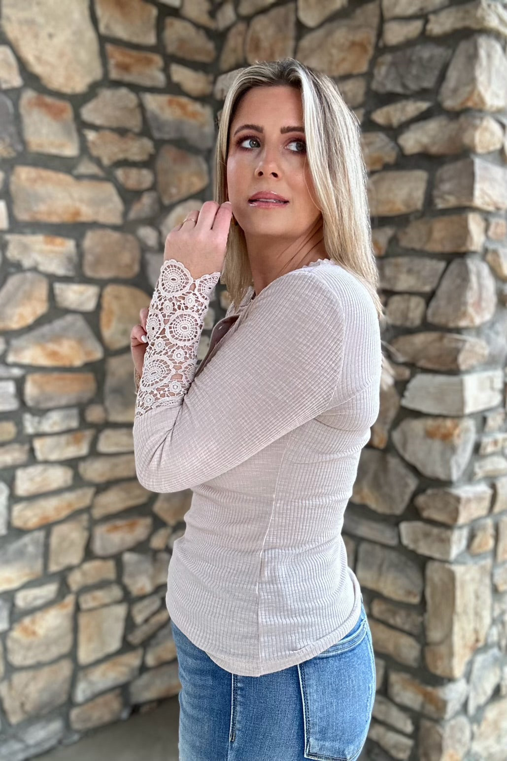 Beige Crochet Lace Hem Sleeve Button Top - Shop All Around Divas