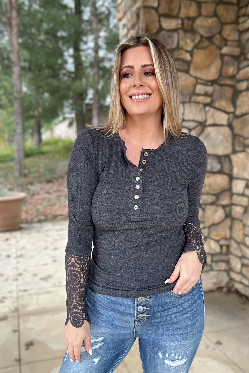 Dark Grey Crochet Lace Hem Sleeve Button Top - Shop All Around Divas