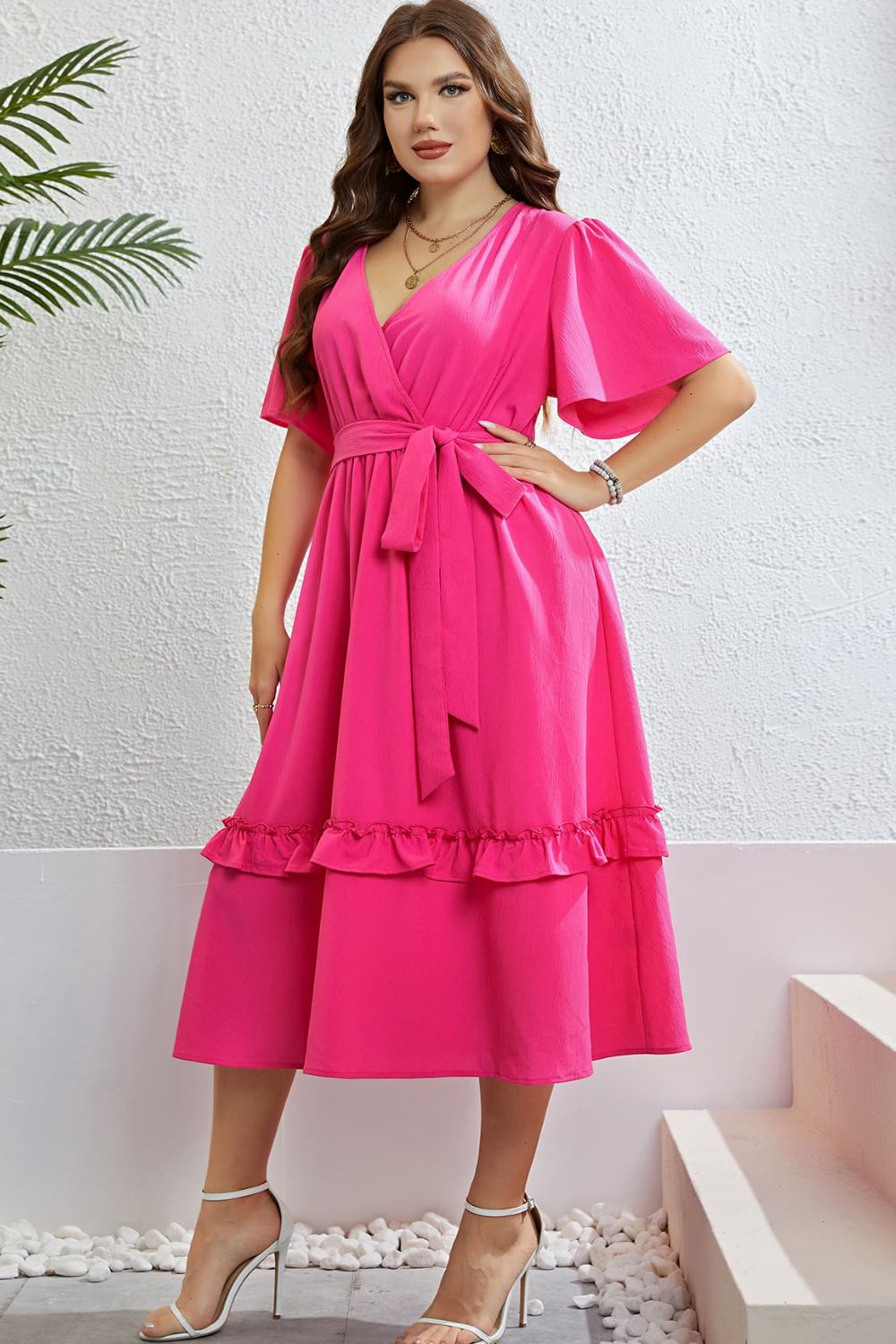 Belted Frill Trim Flutter Sleeve Dress - Curvy - Shop All Around Divas