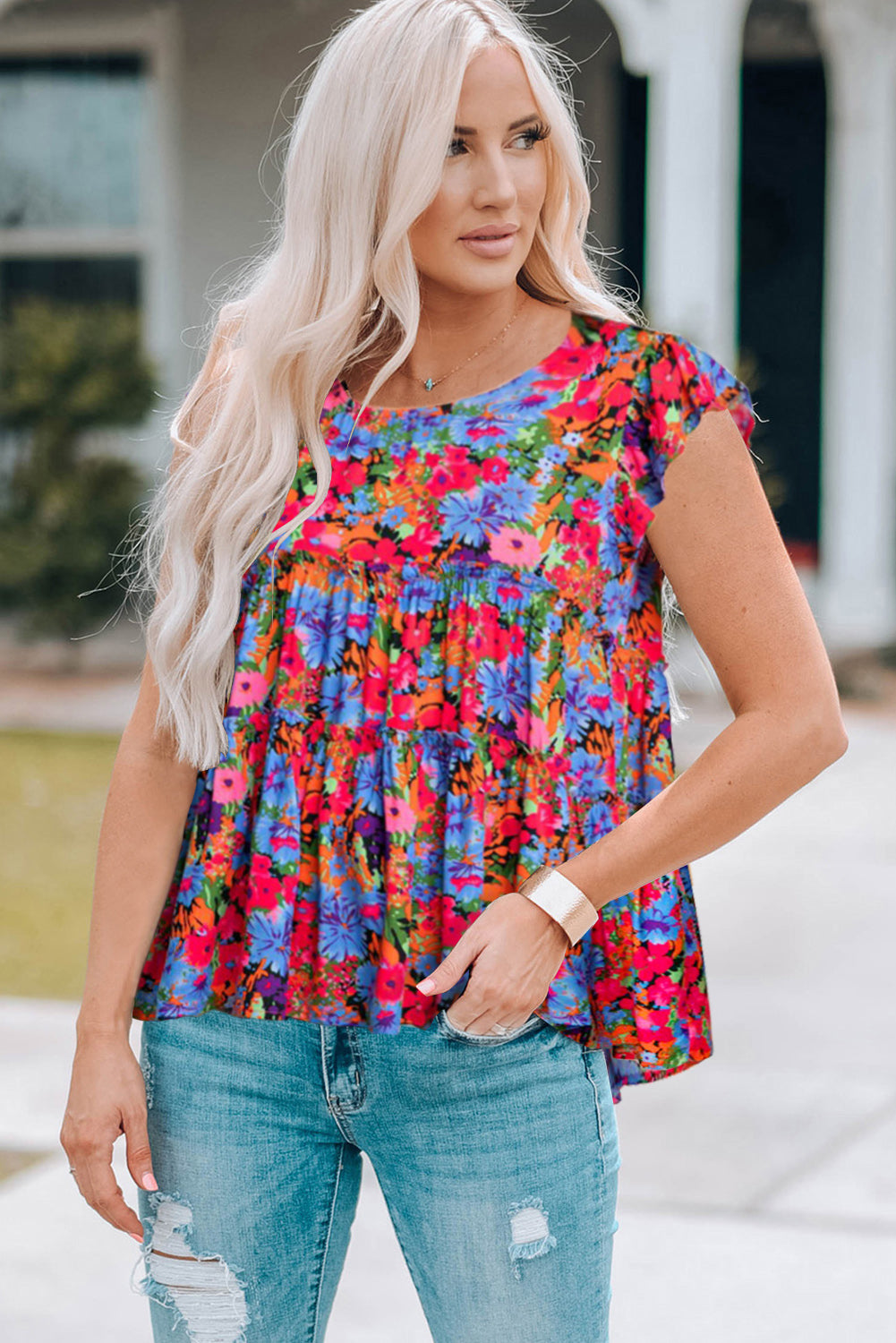 Floral Round Neck Frill Trim Blouse - Shop All Around Divas