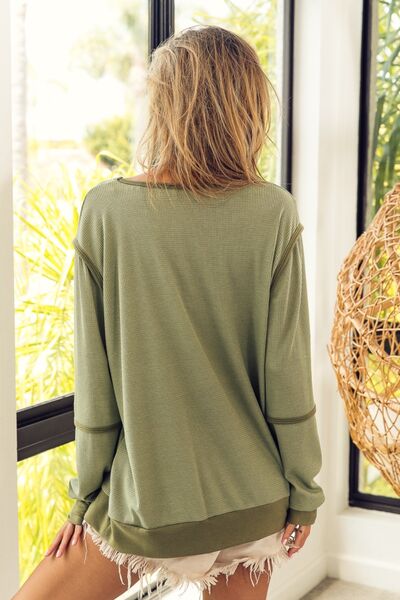 BiBi Waffle Knit Contrast Trim Long Sleeve T-Shirt - Shop All Around Divas
