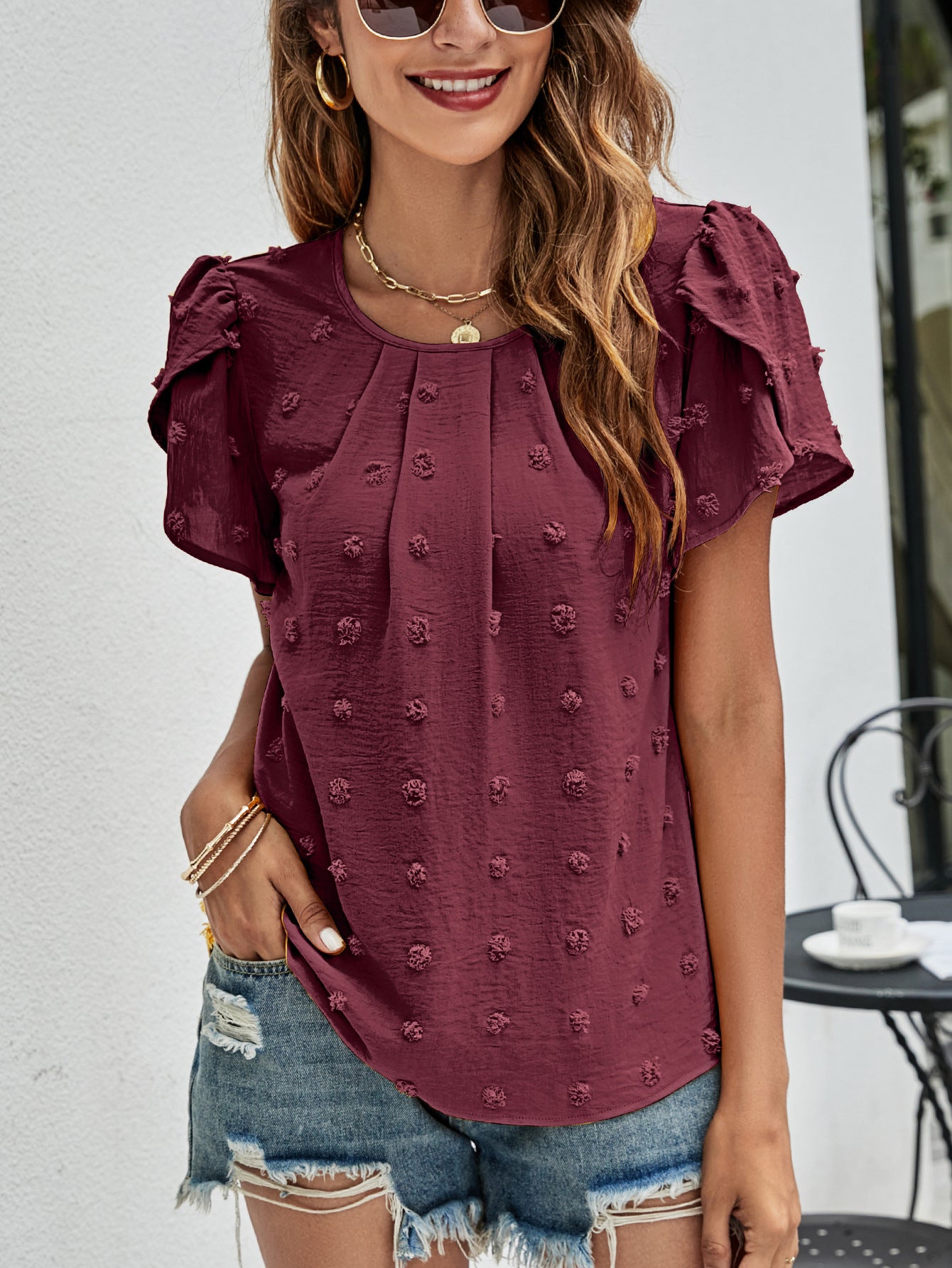 Swiss Dot Round Neck Petal Sleeve Top - 4 Colors - Shop All Around Divas