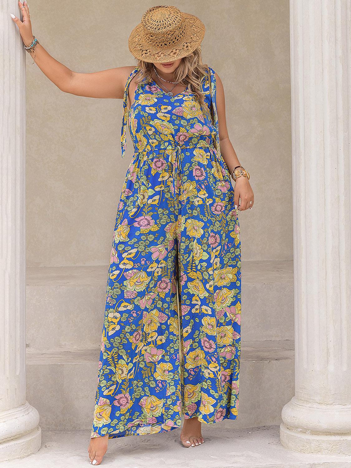 Plus Size Printed V-Neck Wide Leg Jumpsuit - Shop All Around Divas