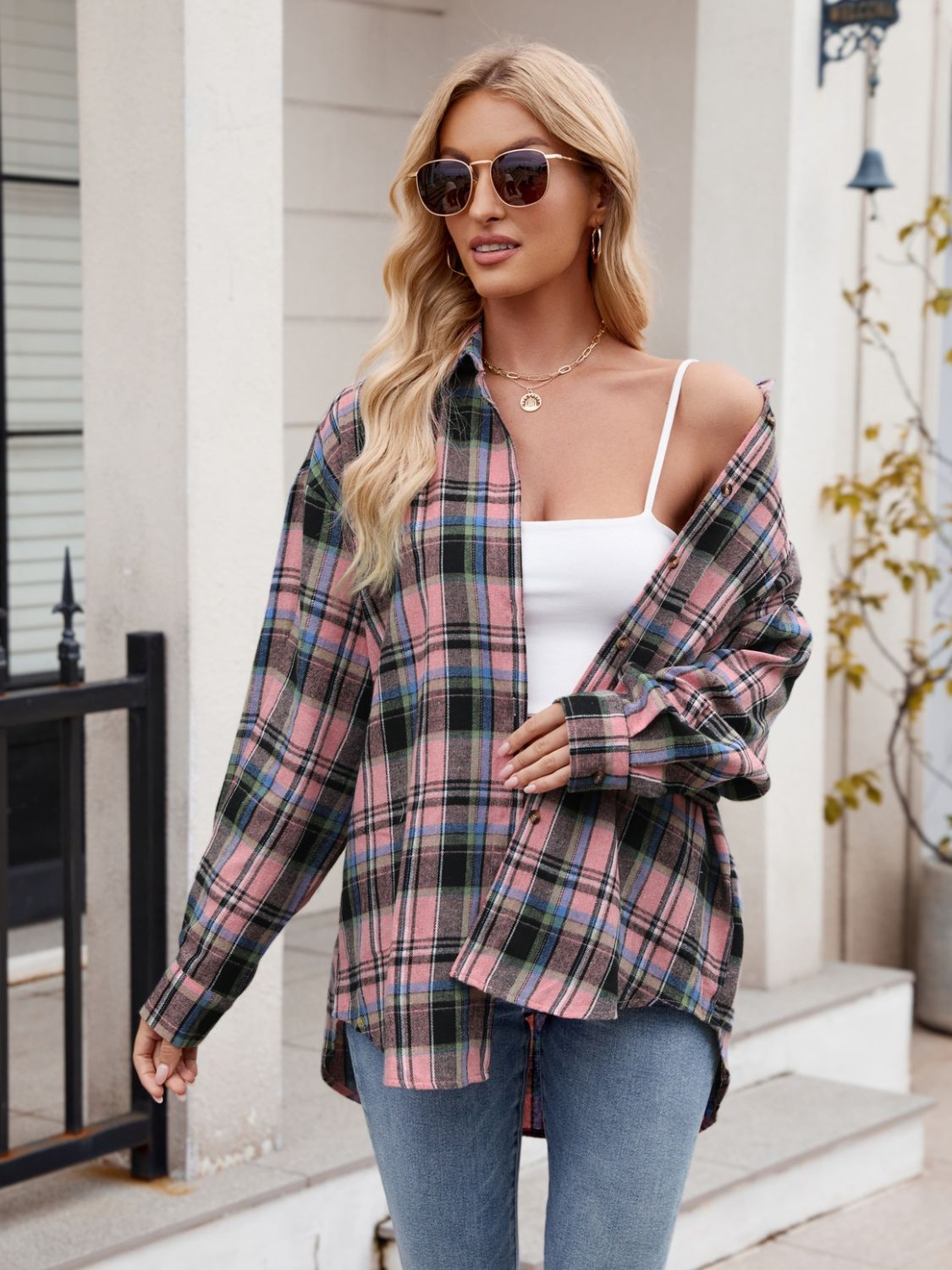 Pocketed Plaid Collared Neck Long Sleeve Shirt- 6 Styles Trendsi