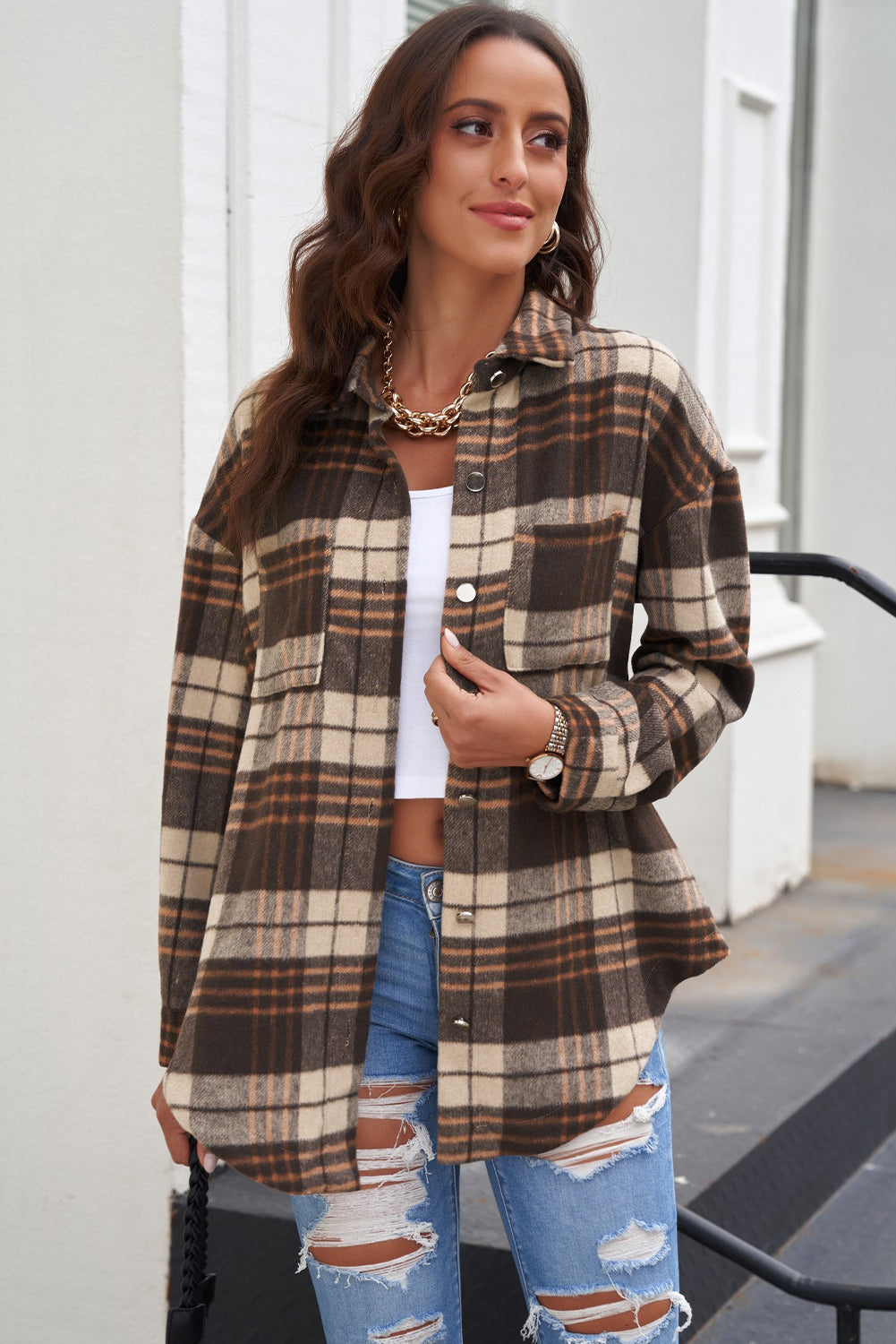 Plaid Curved Hem Dropped Shoulder Longline Shirt Jacket - Multiple Colors