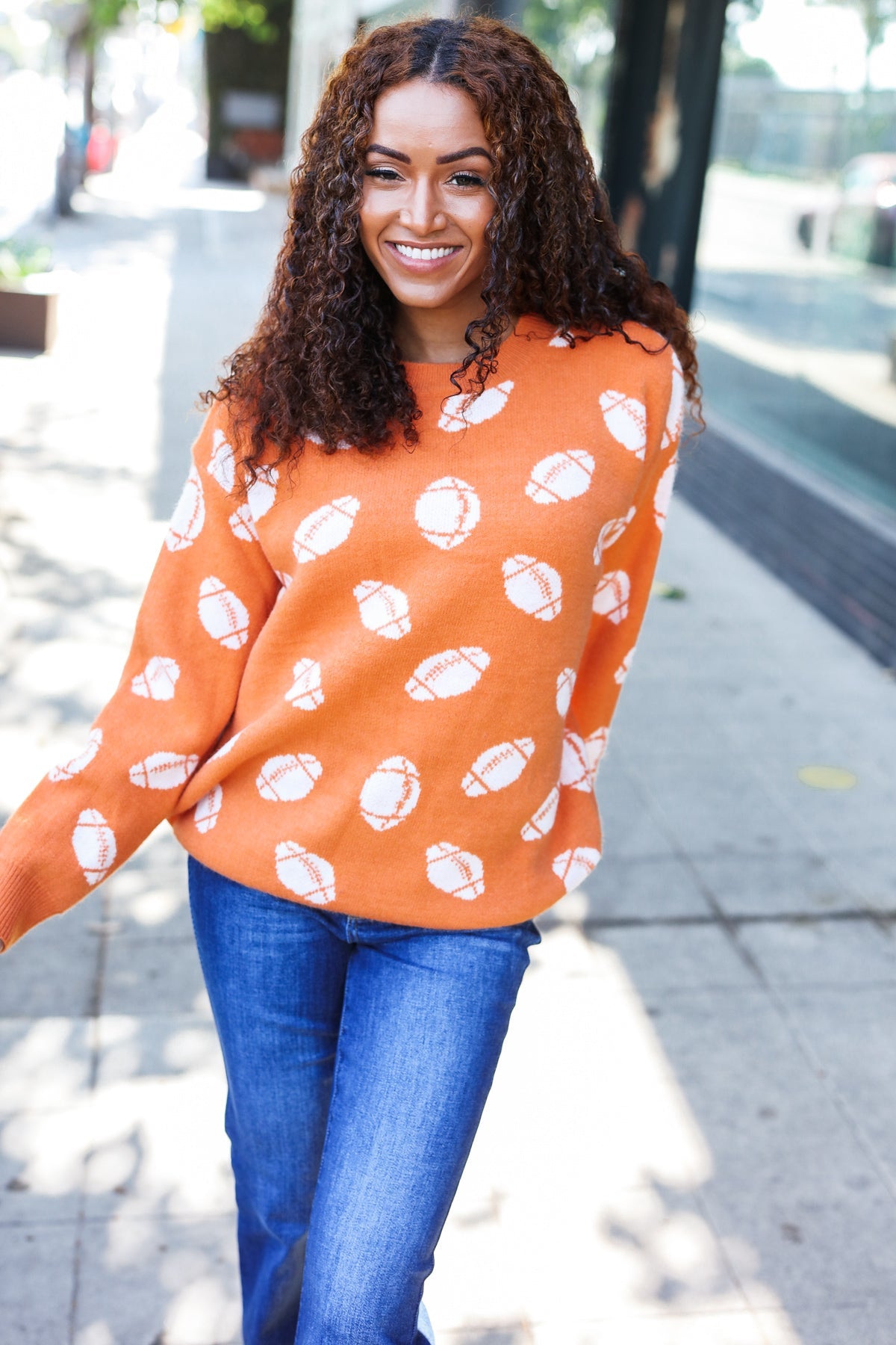 Game Day Orange Football Print Jacquard Knit Sweater