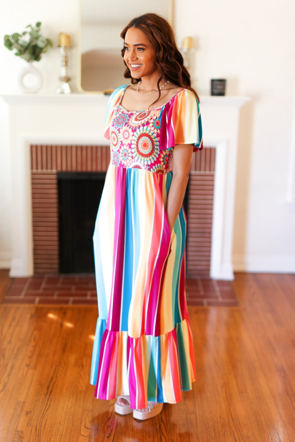 Feeling Bold Fuchsia & Teal Striped Medallion Crochet Print Dress Haptics