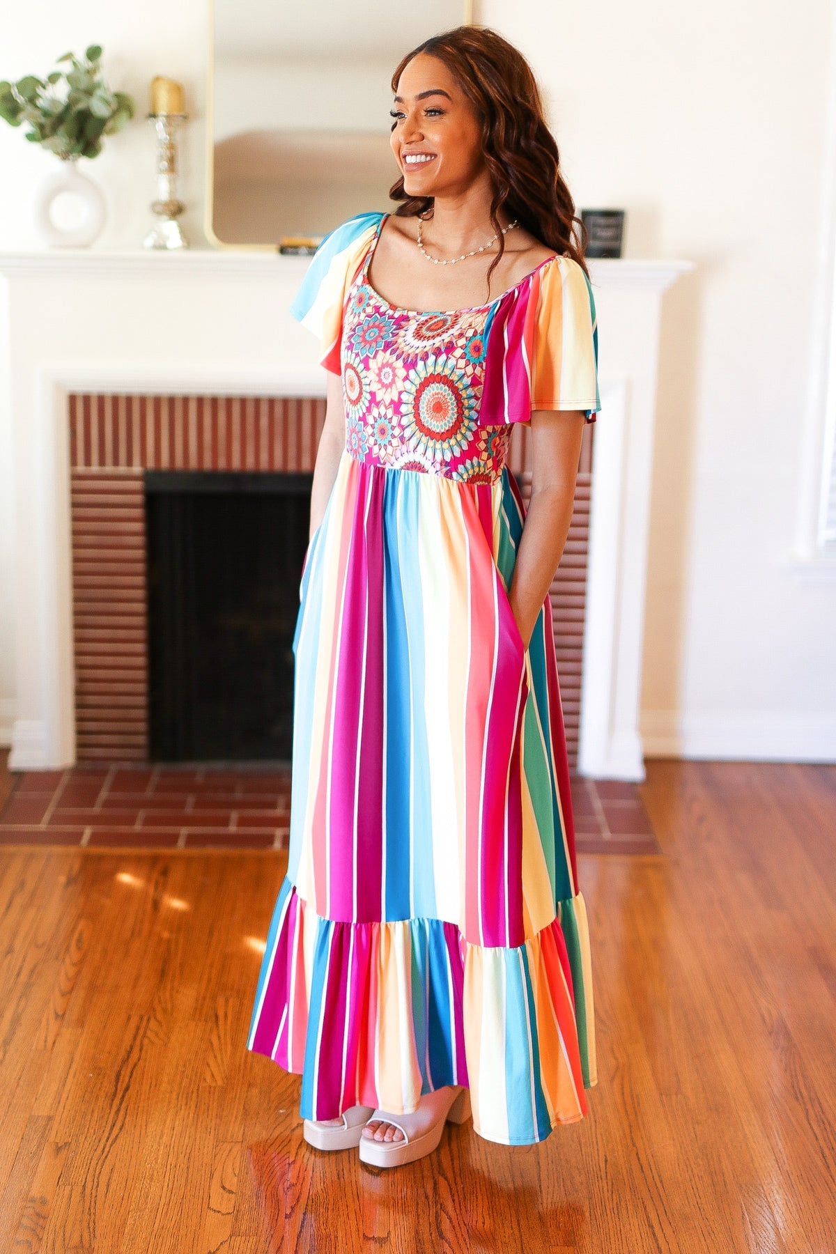 Feeling Bold Fuchsia & Teal Striped Medallion Crochet Print Dress Haptics