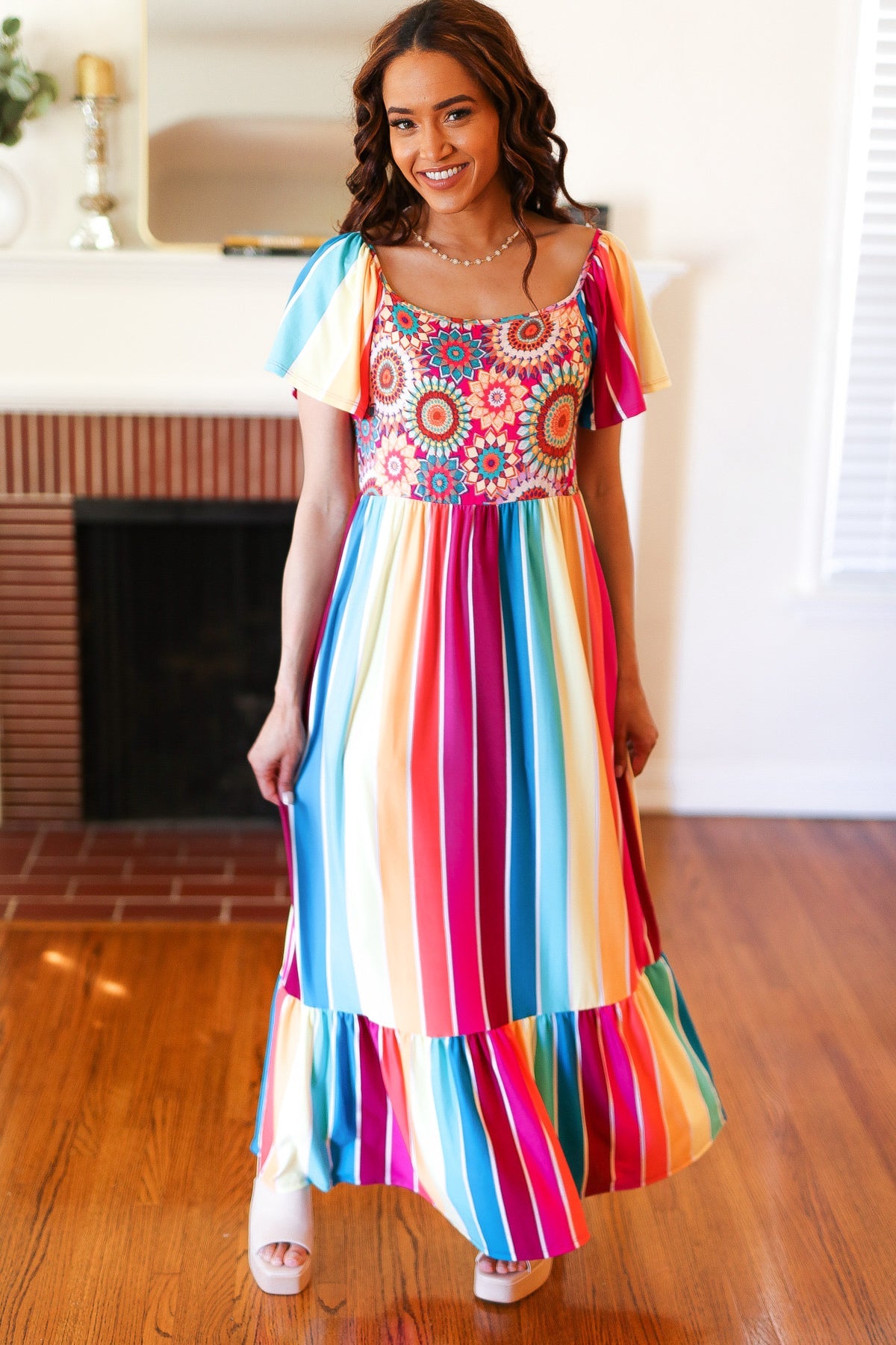 Feeling Bold Fuchsia & Teal Striped Medallion Crochet Print Dress Haptics