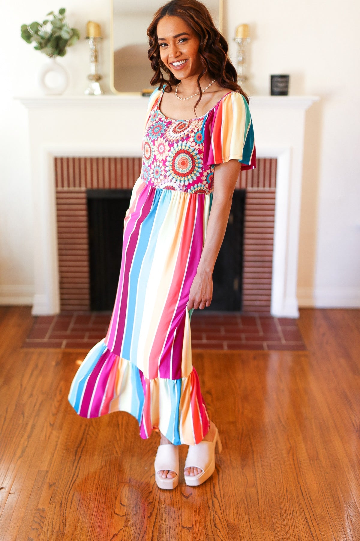 Feeling Bold Fuchsia & Teal Striped Medallion Crochet Print Dress Haptics