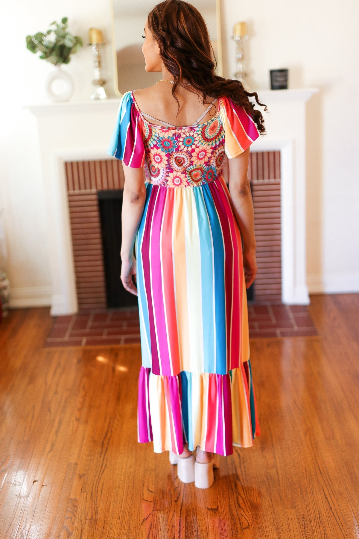 Feeling Bold Fuchsia & Teal Striped Medallion Crochet Print Dress Haptics