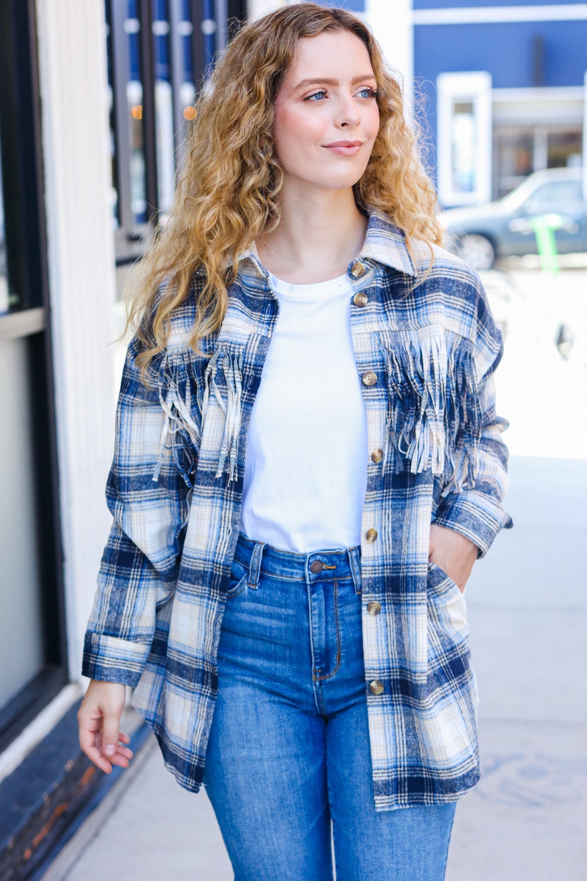 Boldly You Navy Plaid Fringe Button Down Shacket