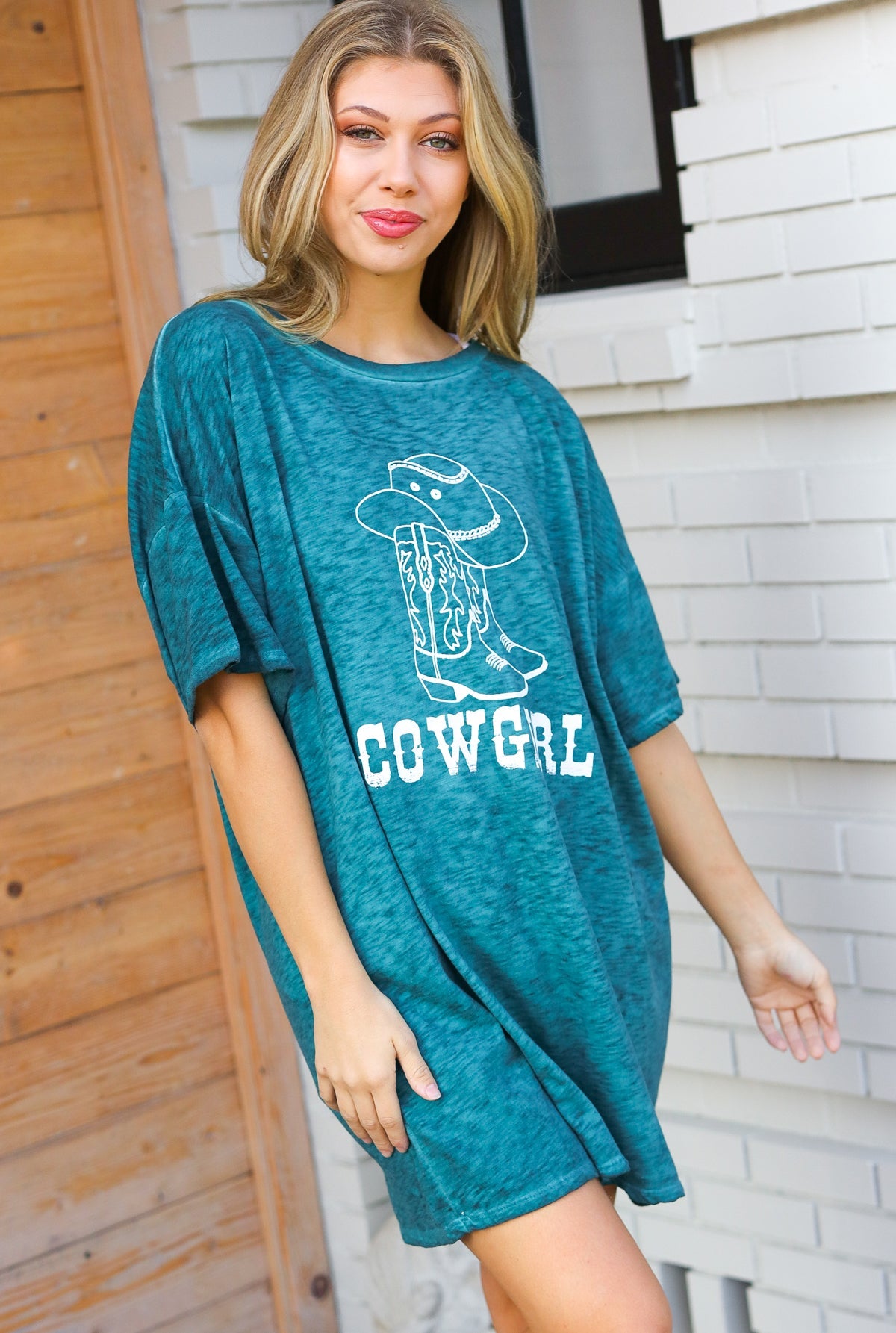 Emerald Cotton Blend COWGIRL Graphic Long Tee
