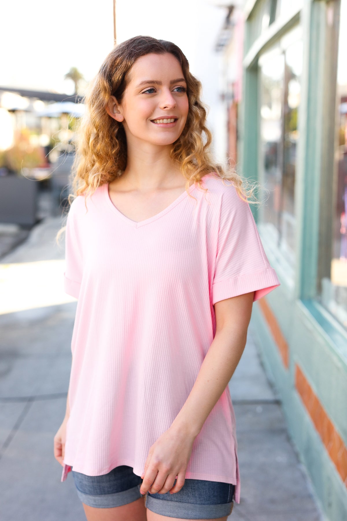 Baby Pink Ribbed V Neck Hi-Low Slit Top