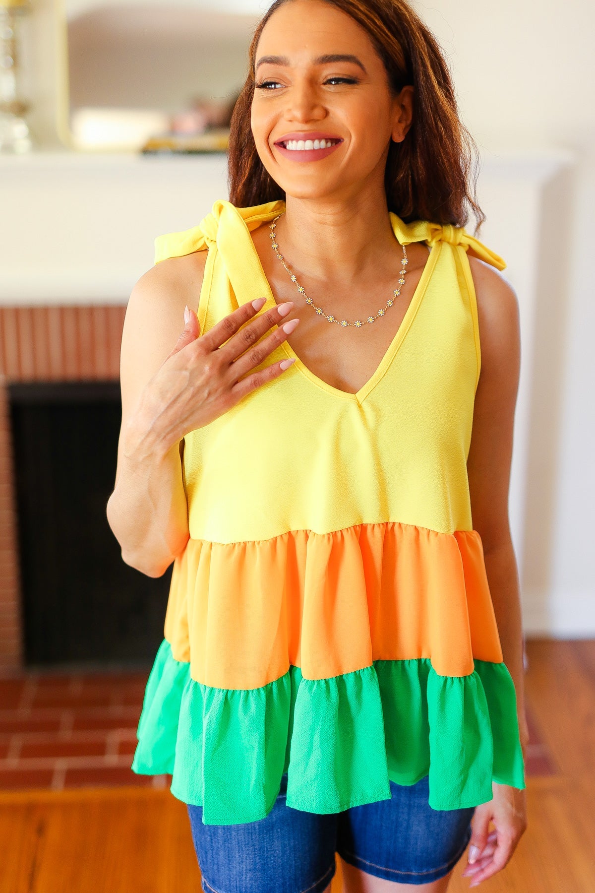 Yellow & Tangerine Tiered Shoulder Tie Crepe Top Haptics