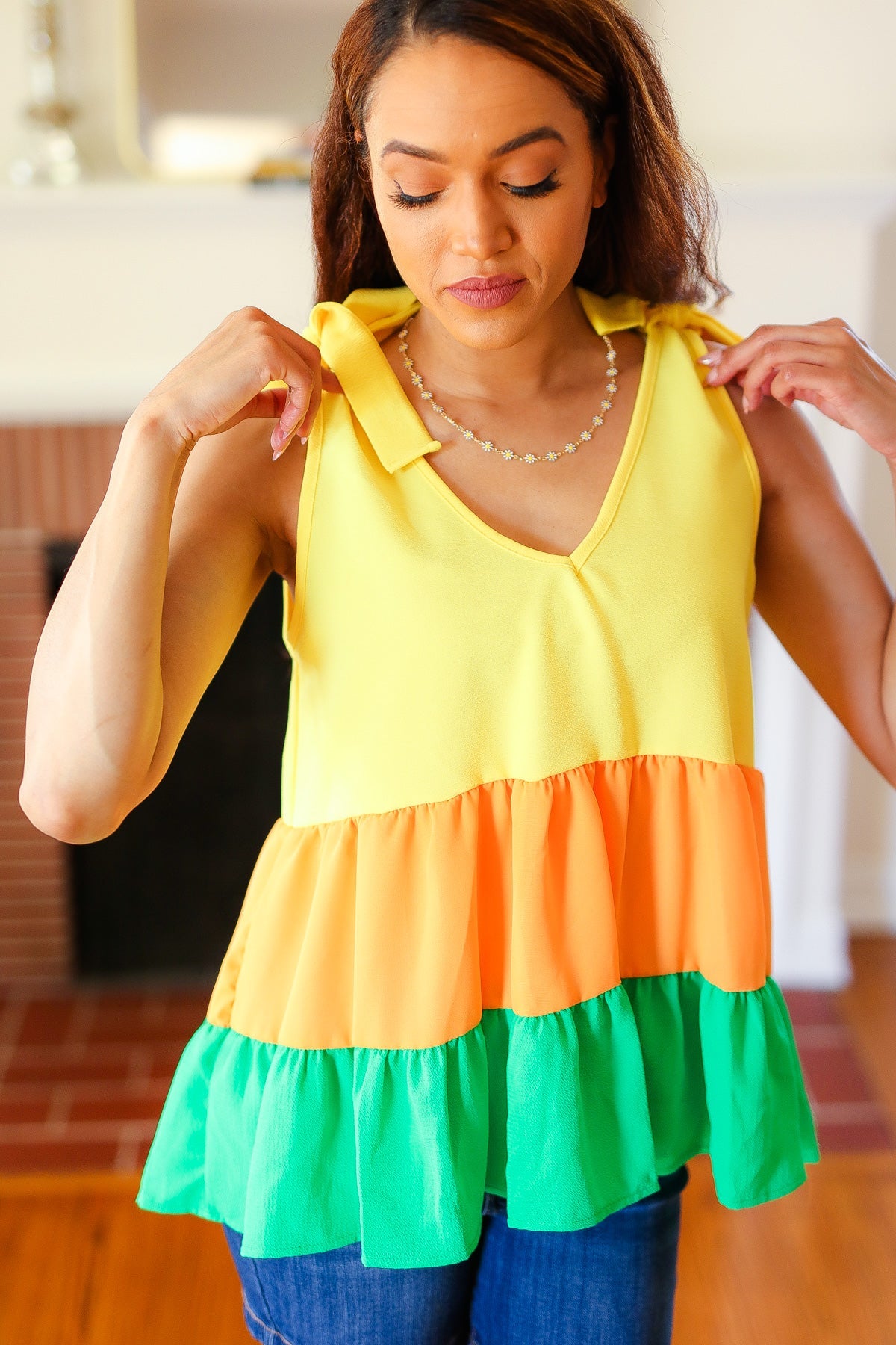 Yellow & Tangerine Tiered Shoulder Tie Crepe Top Haptics