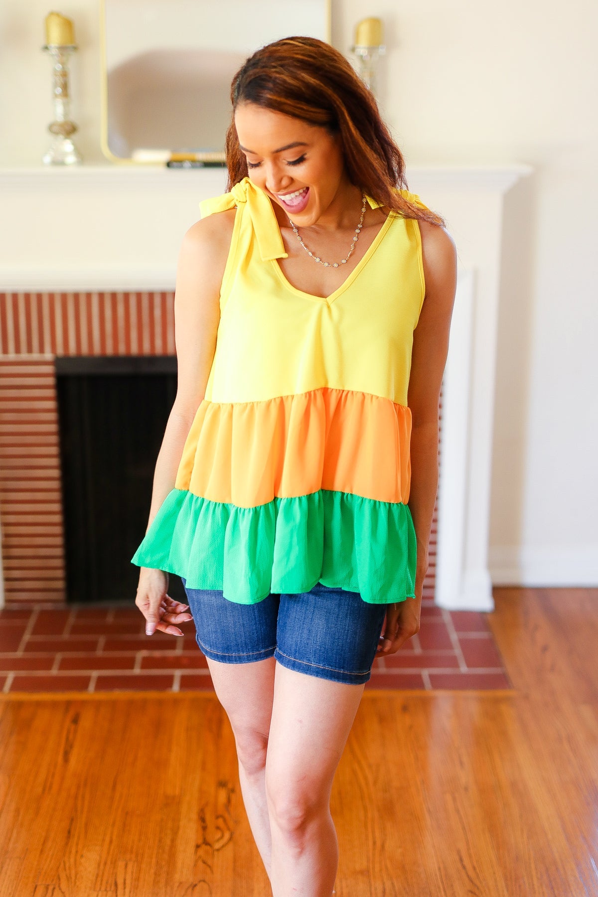 Yellow & Tangerine Tiered Shoulder Tie Crepe Top Haptics