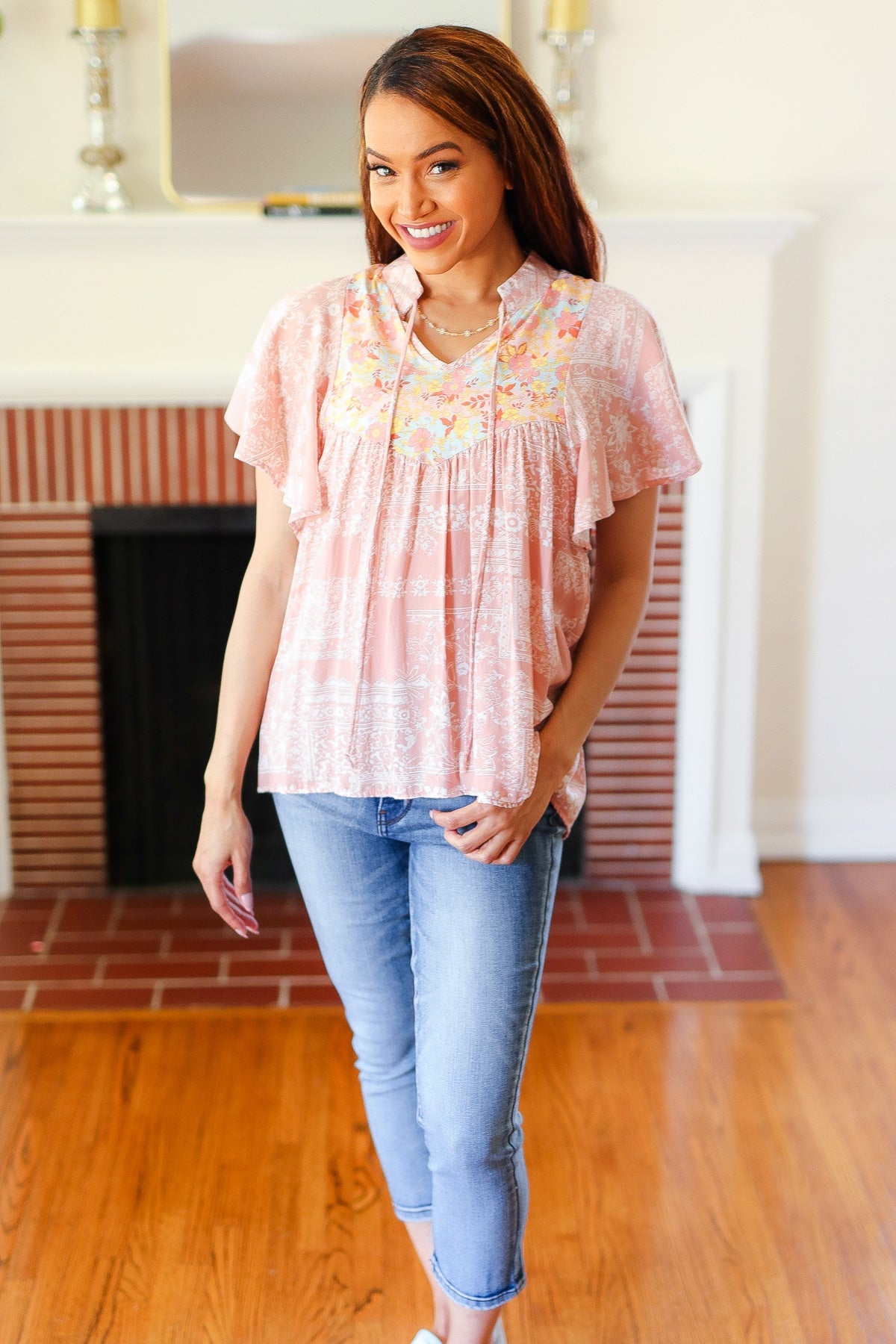 Blush Paisley Floral Yoke Tie Neck Top Sugarfox