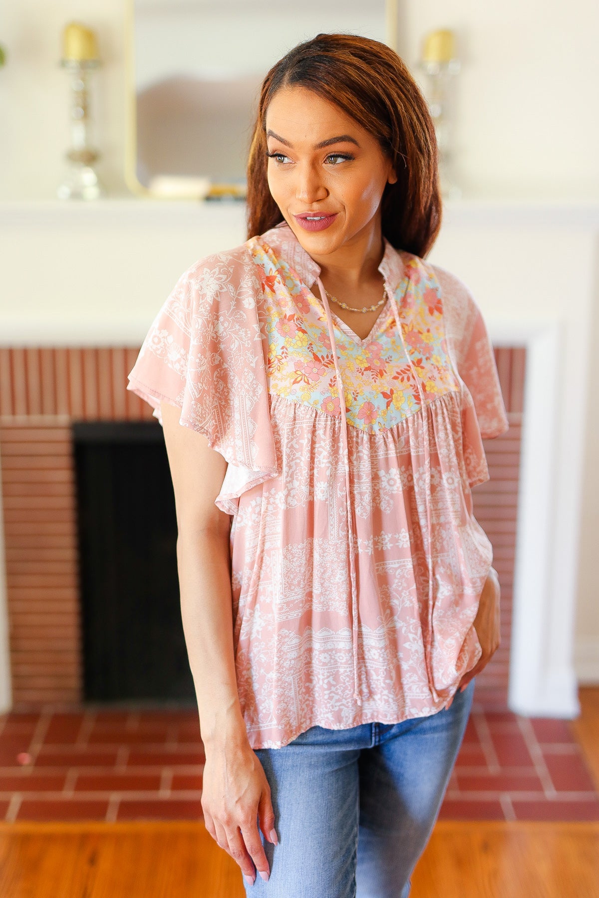 Blush Paisley Floral Yoke Tie Neck Top Sugarfox