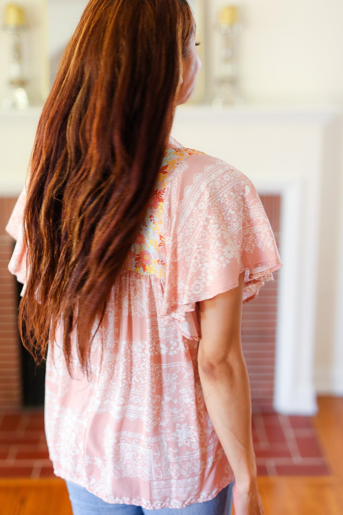 Blush Paisley Floral Yoke Tie Neck Top Sugarfox