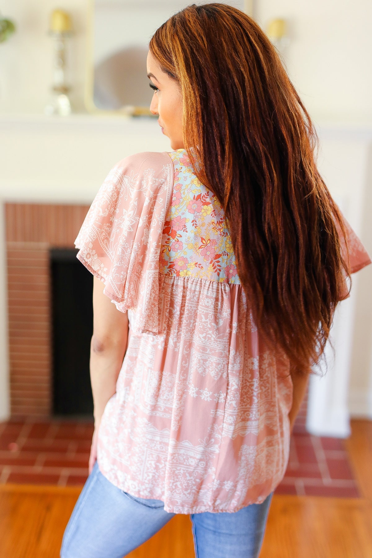 Blush Paisley Floral Yoke Tie Neck Top Sugarfox