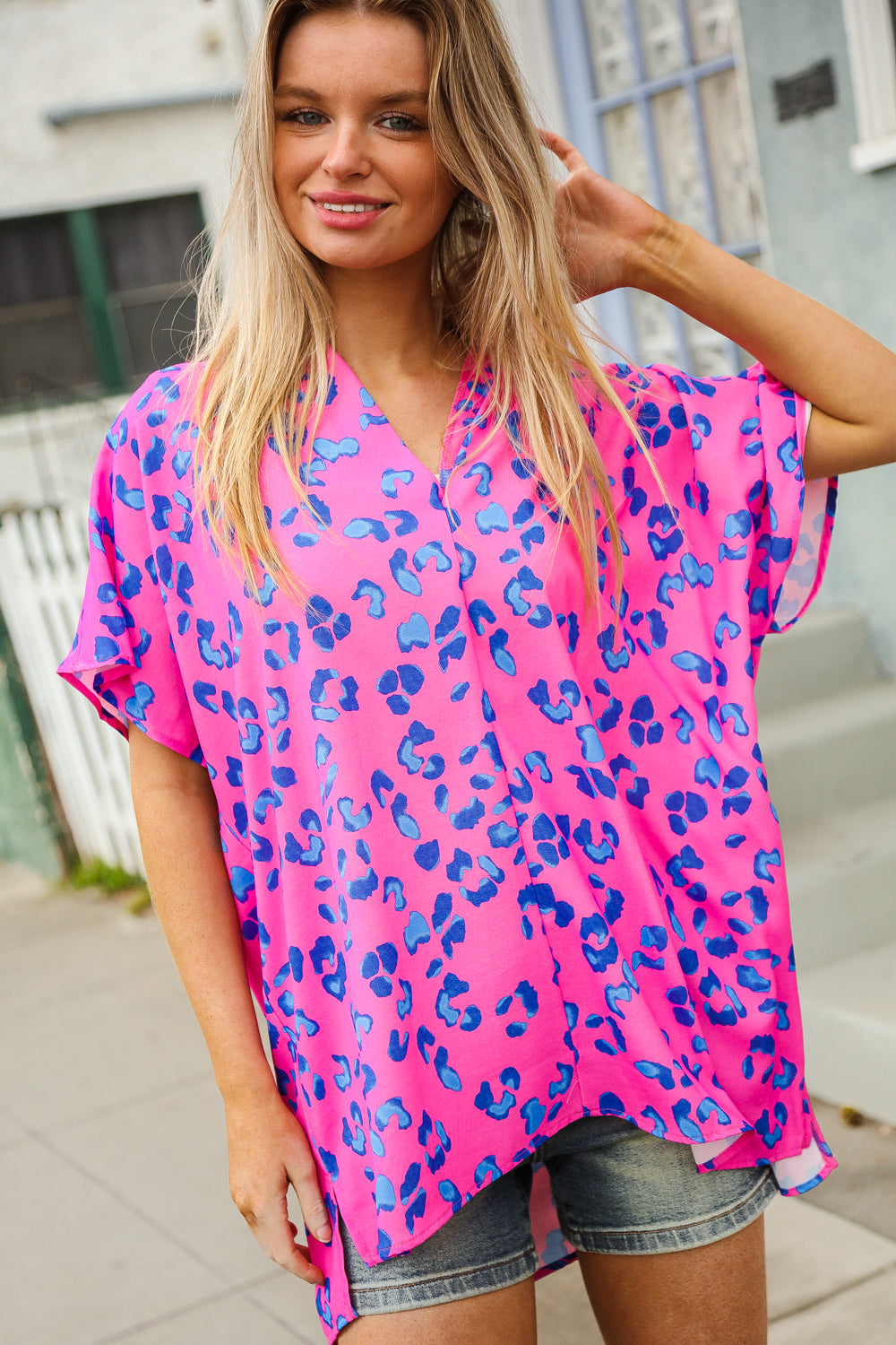 Dazzle In Hot Pink Animal Print V Neck Dolman Sleeve Top